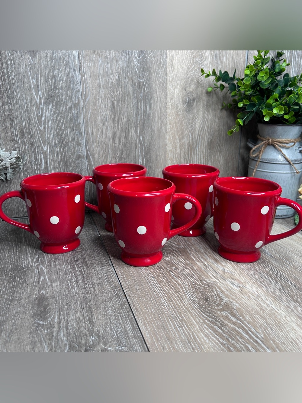Terramoto Ceramic Red Footed Polka Dot Mugs • Set of 5 •
